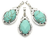 1pc Approx. 31x18mm Brass & Synthetic Turquoise (Man-Made) Faceted Oval Pendant, Silver