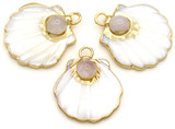 1pc Approx. 28x26mm Electroplated Freshwater Shell Carved Shell Pendant w/Rose Quartz Stone, Gold