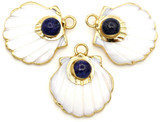 1pc Approx. 28x26mm Electroplated Freshwater Shell Carved Shell Pendant w/Lapis Lazuli Stone, Gold