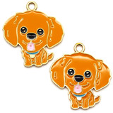 2pc 25x24mm Enameled Puppy Pendants, Gold