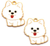 2pc 25x22mm Enameled Pomeranian Puppy Pendants, White/Gold