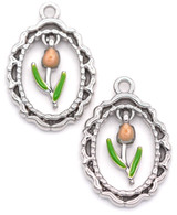 2pc 23x16mm Oval Frame w/Enameled Articulated Tulip Drop Pendants, Silver