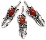 1pc 60x18mm Feather Pendant with 14x11mm Red Jasper Oval Accent, Antique Silver