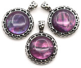 1pc Approx. 30x22mm Freshwater Shell (Dyed/Assembled) Round Pendant, Purple/Antique Silver
