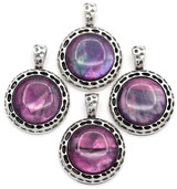 1pc Approx. 30x22mm Freshwater Shell (Dyed/Assembled) Round Pendant, Purple/Antique Silver