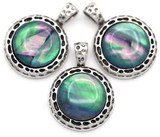 1pc Approx. 30x22mm Freshwater Shell (Dyed/Assembled) Round Pendant, Teal Green/Antique Silver
