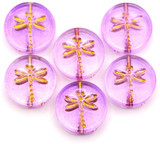 6pc 17mm Glass Dragonfly Coin Beads, Crystal Lilac/Gold