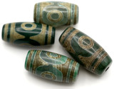 Approx. 28x14mm Dzi-Style Agate (Dyed/Heated) Oval Barrel Focal Bead, Crackled Green w/Brown