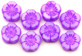 8pc 10mm Czech Table-Cut Glass Hawaiian Flower Beads, Alabaster w/Vivid Lilac
