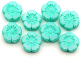 8pc 10mm Czech Table-Cut Glass Hawaiian Flower Beads, Alabaster w/Vivid Mint