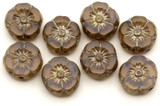 8pc 8mm Czech Table-Cut Glass Hawaiian Flower Beads, White Opal w/Travertine