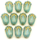 10pc 12x8mm Czech Pressed Glass Tulip Beads, White Opal w/Marbled Aqua & Gold Wash