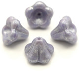 4pc 13x11mm Czech Pressed Glass Bell Flower Beads, Lilac w/Silver Shimmer