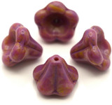 4pc 13x11mm Czech Pressed Glass Bell Flower Beads, Striated Red & Brown w/Pebbled Orchid