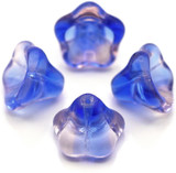 4pc 13x11mm Czech Pressed Glass Bell Flower Beads, Blue & Pale Pink Swirl