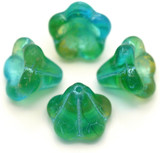 4pc 13x11mm Czech Pressed Glass Bell Flower Beads, Transparent Green & Sapphire w/Aqua Wash