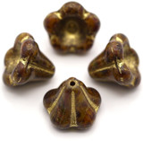 4pc 13x11mm Czech Pressed Glass Bell Flower Beads, Stiated Red & Brown w/Picasso & Gold Wash