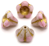 4pc 13x11mm Czech Pressed Glass Bell Flower Beads, Pink & White Swirl w/Gold Wash