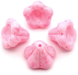 4pc 13x11mm Czech Pressed Glass Bell Flower Beads, Alabaster w/Pebbled Rose