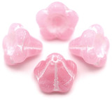 4pc 13x11mm Czech Pressed Glass Bell Flower Beads, Pale Pink Opal w/White Wash
