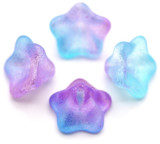 4pc 13x8mm Czech Pressed Glass Petunia Flower Beads, Crystal w/Blue & Lilac Shimmer