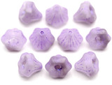 10pc 9mm Czech Pressed Glass Bell Flower Beads, Matte Opaque Amethyst & Crystal w/Iridescent Violet Wash