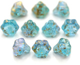 10pc 9mm Czech Pressed Glass Bell Flower Beads, Aqua & Alexandrite w/Gold Splash
