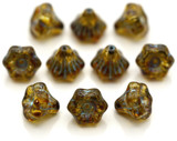 10pc 9mm Czech Pressed Glass Bell Flower Beads, Crystal w/Picasso & Aqua Wash
