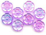 8pc 10mm Czech Table-Cut Hawaiian Flower Bead, Crystal w/Lavender Fuchsia Sparkle