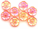 8pc 10mm Czech Table-Cut Hawaiian Flower Bead, Crystal w/Orange Fuchsia Sparkle