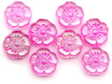 8pc 10mm Czech Table-Cut Hawaiian Flower Bead, Crystal w/Fuchsia Sparkle