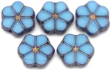5pc 10mm Czech Table-Cut Glass 6-Petal Flower Beads, Turquoise Blue w/Bronze Wash