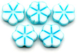 5pc 10mm Czech Table-Cut Glass 6-Petal Flower Beads, White w/Marbled Aqua