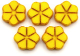 5pc 10mm Czech Table-Cut Glass 6-Petal Flower Beads, Opaque Yellow w/Pebbled Orange