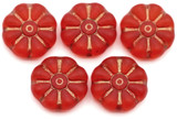 5pc 12mm Czech Pressed Glass Sunflower Beads, Matte Transparent Red w/Bronze Wash