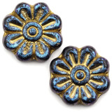 2pc 18mm Czech Pressed Glass Daisy Beads, Jet w/Gold Wash & Iridescent Deep Blue