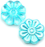 2pc 18mm Czech Pressed Glass Daisy Beads, Crystal w/Marbled Aqua & AB Wash