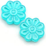 2pc 18mm Czech Pressed Glass Daisy Beads, Crystal w/Aqua Silver Shimmer