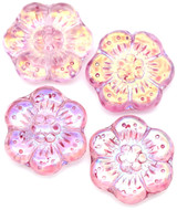 4pc 14mm Czech Pressed Glass Wild Rose Flower Beads, Crystal AB w/Pink Splash