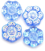 4pc 14mm Czech Pressed Glass Wild Rose Flower Beads, Crystal AB w/Marbled Blue