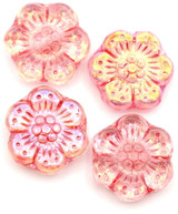 4pc 14mm Czech Pressed Glass Wild Rose Flower Bead, Crystal AB w/Marbled Light Rose