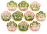 10pc 10mm Czech Pressed Glass Flower Beads, Crystal & Green Swirl w/Pebbled Rose