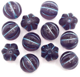 12pc 8mm Czech Pressed Glass Fluted Melon Beads, Violet w/Aqua Wash