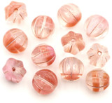 12pc 8mm Czech Pressed Glass Fluted Melon Beads, Crystal-Pink Swirl w/Champagne Wash