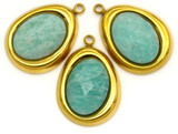 1pc 24x17mm Stainless Steel & Amazonite Faceted Slanted Oval Pendant, Gold (See Photos for Variation)