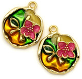 2pc 24x19mm Enameled Floral Semi-Round Pendants, Gold/Pink/Multi