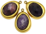 1pc 24x17mm Stainless Steel & Amethyst Faceted Slanted Oval Pendant, Gold (See Photos for Variation)