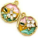 2pc 24x19mm Enameled Floral Semi-Round Pendants, Gold/White/Multi