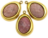 1pc 24x17mm Stainless Steel & Rhodonite Faceted Slanted Oval Pendant, Gold (See Photos for Variation)
