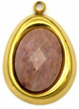 1pc 24x17mm Stainless Steel & Rhodonite Faceted Slanted Oval Pendant, Gold (See Photos for Variation)